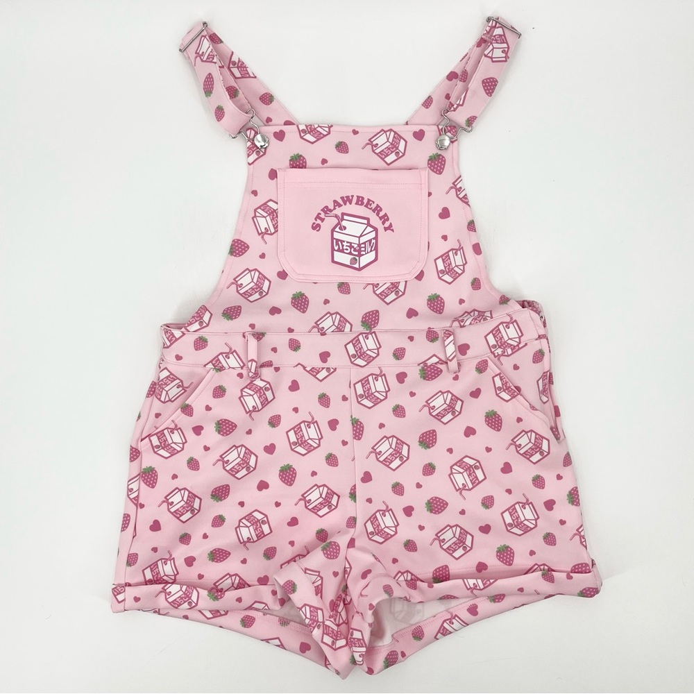Hot Topic Pink Sweet Society Strawberry Milk Scuba Knit Shortalls Size Large